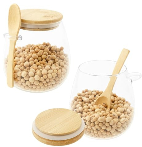 2Pcs Glass Storage Jars with Bamboo Lid 600ml Airtight Food Clear Container with Spoon Multipurpose Large Kitchen Jars Food Cereal Storage Canister for Overnight Oats, Salt, Sugar, Spice, Tea