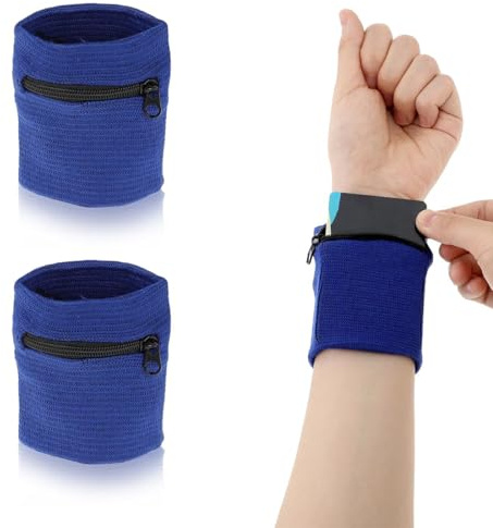 JEYORZY 2 Stück Schweißband mit Reißverschluss, Sport Wristband Handgelenktasche mit Praktischer Reißverschlusstasche, Handgelenk Schlüssel Tasche, Schweißband Arm für Jogging und Tennis Sport, Blau