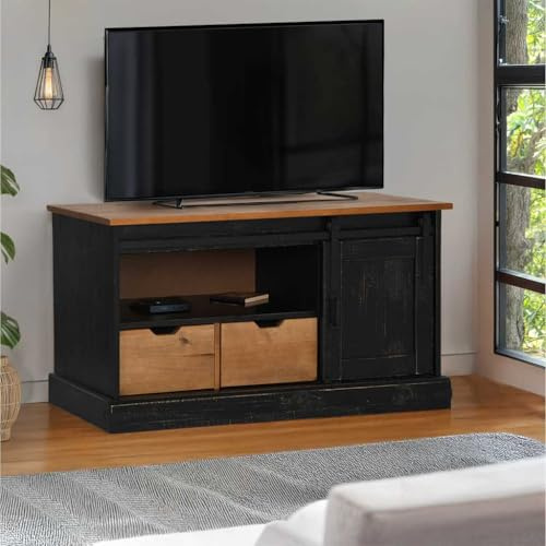 RMIHSJG Mobile per TV con porta scorrevole, nero, tavolo TV, comò, 110 x 40 x 60 cm, in legno massiccio