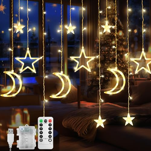 Fancysky 12 Sterne LED Lichterkette, Weihnachtsdeko Innen Lichtervorhang 120LEDs 8 Modi und Timer,IP54 Weihnachtsbeleuchtung Außen für Fenster,Schlafzimmer,Garten,Balkon,Warmweiß