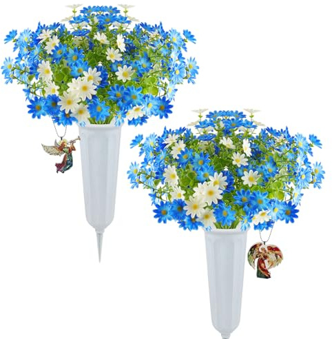 CUQRY Cemetery Artificial Flowers with Vase Angel Mark - 2 Set Artificial Blue Chrysanthemums Grave Memorial Flowers- Prayer Angel & Trumpet Angel Memorial Pendant for Headstones Gravesite Decoration
