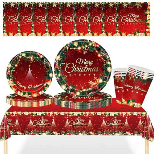 MORAINJAY 69 Pcs Rot Weihnachten Party Papiergeschirr Set für 16 Gäste, Grün Weihnachts Party Geschirr Set mit Weihnachtstischdecke, Pappteller, Servietten, Pappbecher für Weihnachten Dekoration