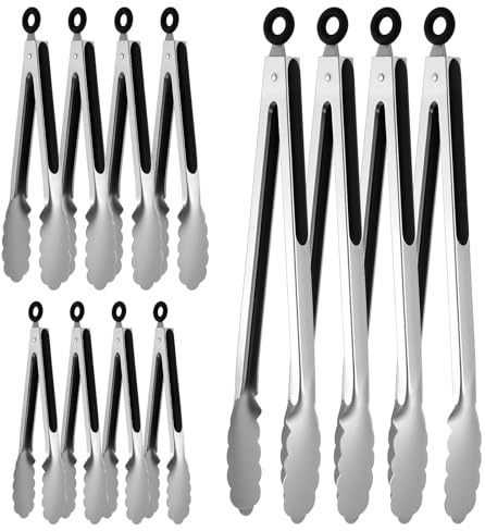 LIQWEI 12 Pcs Stainless Steel Kitchen Tongs, 7/9/12 Inches Heat Resistant Cooking Tongs Heavy Duty Metal Locking Tong Non-Slip Metal Food Tong for Cooking Food Grill Salad BBQ