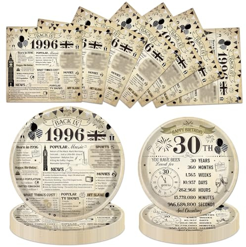 Eiapadeor 30th Birthday Decorations Tableware Set - 72 Pcs 30th Birthday Party Plates and Napkins Back in 1996 Vintage Themed Disposable Plates Set for Women Men Her 30 Year Old Party Supplies