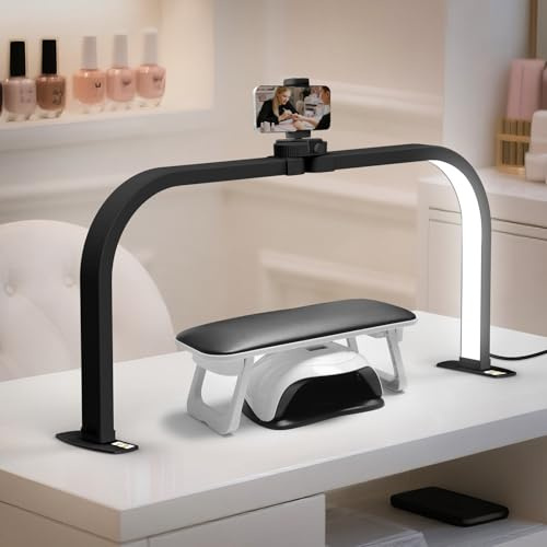 CGBE LED Halbmond Lampe für Nageltisch Faltbare für Nageltechniker Schwarz | 28 Zoll Dimmbar Nageltisch Lampe mit Handyhalter - 3 Farbmodi 10 Helligkeiten - Tischlampe für Maniküre Tattoo Basteln
