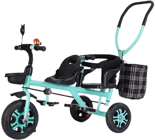 LSQXSS Cochecito con Barra de Empuje para Padres, Carrito para niños de 2 a 5 años, Triciclo de Dos Asientos para Gemelos, triciclos, Asiento Trasero con reposabrazos y barandilla