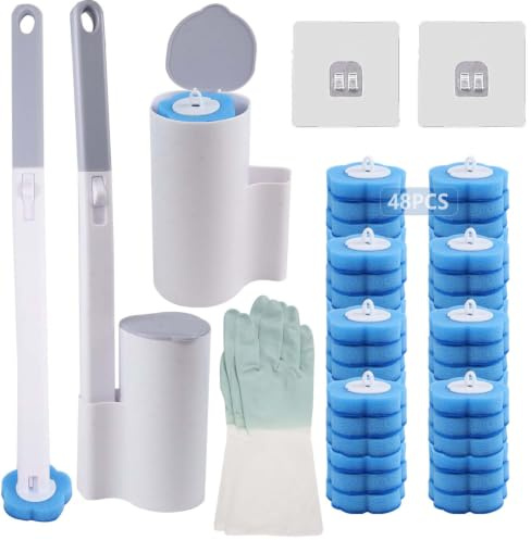 2 Pack Disposable Toilet Brush, 48 Cleaner Refills, Rubber Gloves | Wall Mounted Holder for Bathroom, Flexible,Storage Box, Scrubbing Head Quickly and Hygiene Clean Toilets, Showers and Sinks