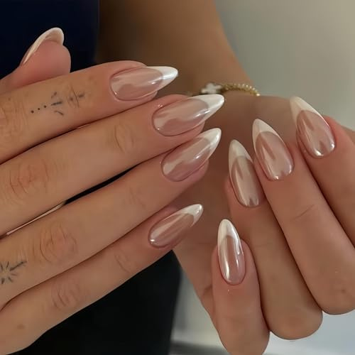 SXVME Chrome Press on Nails Almond Medium, White French Tip False Nails with a Glazed Nude Base, Fake Nails Press ons, Stiletto Acrylic Stick on Nails for Women Wedding Decoration 24 Pcs