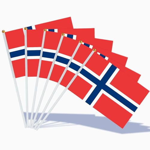 AhfuLife Norvegia Piccole Bandiere su Bastoni, 30pcs, 14 × 21 cm Tenuto a Mano Doppio Lato Tessuto Norvegia Mini Bandiere con 30cm Palo Bianco per la Coppa del Mondo, Eventi di Calcio e Festa