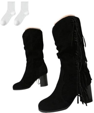 Damstövlar med halvhäl och blockklack, moderiktiga ridstövlar i mocka-look med veckad design och fransar, bekväma slip-on-stövlar i plusstorlekar för vardagsbruk,Black,42 EU