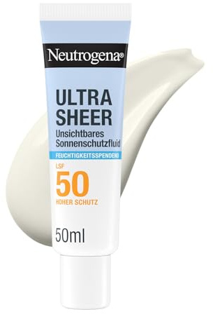 Neutrogena Ultra Sheer Feuchtigkeitsspendender Sonnenschutz LSF50, 50 ml | Unsichtbares Sonnenschutzfluid LSF50, hoher UVB/UVA-Schutz, Vitamin C&E, Panthenol & Pro-Ceramiden, nicht fettend, wasserfest