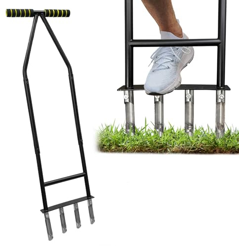 Aerator Lawn Tool,Core Aerator Lawn Tool with 4 Tines for Gardening,Easy Assembled Manual Grass Aerator with Steel Material for Yard Care Health Soil,Suitable for Soft Soil（Water Before Use）