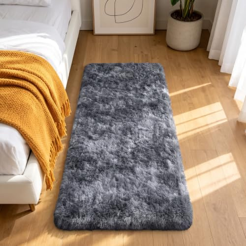 Homaxy Matta med lång lugg, vardagsrum, 80 x 150 cm, halkfri undersida, mjuka mattor, fluffig, tvättbar, modern matta för hall, barnrum, sovrum, mörkgrå