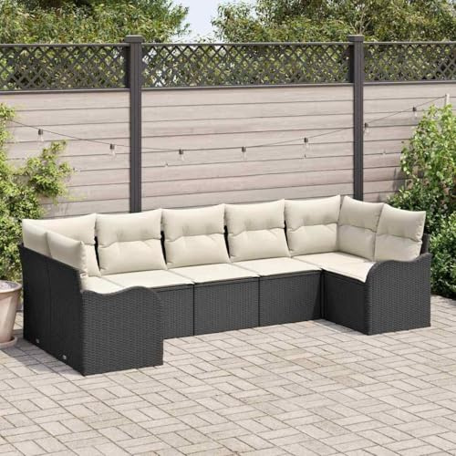 Frdhee Juego de muebles de jardín para jardín, sofá de jardín con cojín, 7 piezas, ratán de poli blanco y negro, para terraza, balcón, exterior, fácil de mantener