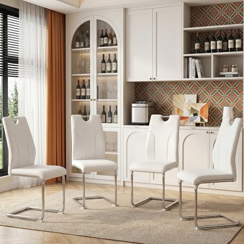 thyofoap Dining Chairs Set of 4 Modern PU Kitchen Chairs with High Back,Soft Cushion Chrome Metal Legs for Dining Room,Living Room, Bedroom