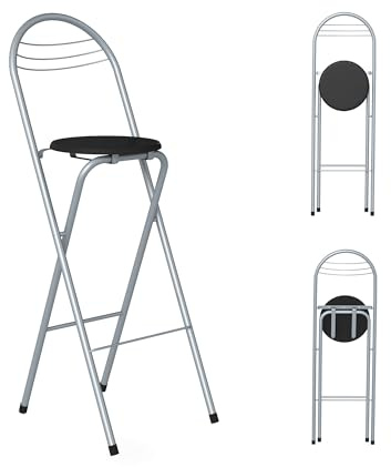 ZZINOKE Sgabello alto pieghevole con schienale, altezza seduta 75 cm, senza montaggio, sgabello pieghevole portatile per cucina, bistrot, eventi all’aperto, 36x48x107 cm, nero/argento