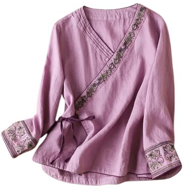 Camicia a tunica da donna in lino ricamata, stile bohémien, retrò, floreale, estiva, indiana, con volant frontale, camicette per anziani, casual, sciolto, pizzo, boho, contadino, western, da donna