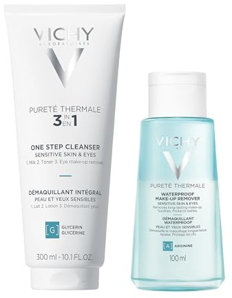 VICHY | Pureté Thermale Set | 3-in-1 Reinigung 300 ml + Waterproof Augen-Make-up-Entferner 100 ml | Reinigt, entfernt Make-up und stärkt die Wimpern | Für empfindliche Haut und Augen | Hypoallergen