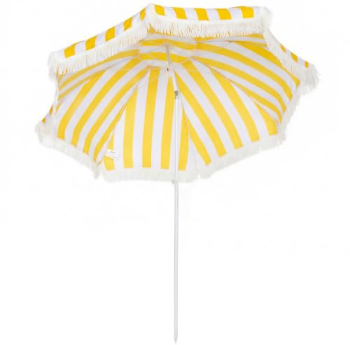 Outsunny Parasol de plage 1,8 m, parasol de jardin avec ancrage au sable, franges, inclinaison et hauteur réglables, sac de transport, jaune et blanc