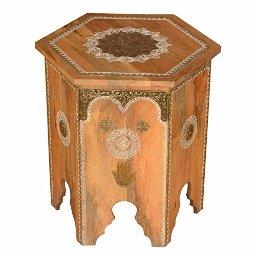 Casa Moro Orientalischer Beistelltisch Salman Groß 42x42x50 cm aus Massivholz sechseckig | handbemalt mit Messing verziert | Boho Chic Couch-Tisch Sofatisch mit Buddhas Hand | RK38-10-A