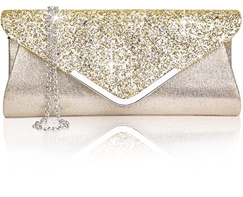 Larcenciel Clutch Damer, Glitter Kuvertväska Aftonväskor med Avtagbar Kedja, Moderiktig Axelväska med Paljetter, Elegant Handväska Kedjeväska, Axelväskor för Bal, Bröllop, Fest (Guld)