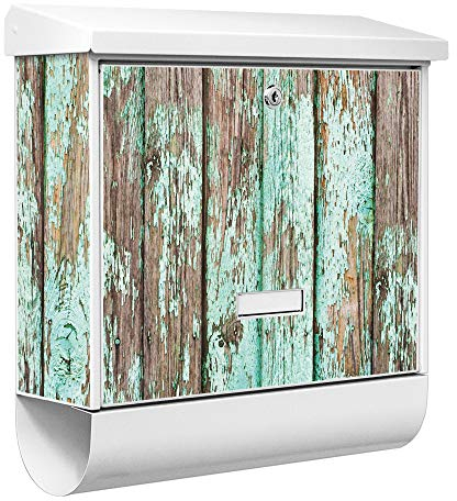 banjado® Burgwächter Briefkasten Weiß 38x39x12cm mit Motiv Verwittertes Holz/Briefkasten mit Zeitungsfach/Briefkasten mit Zeitungsrolle/Postkasten inkl. Montagematerial & 2 Schlüsseln