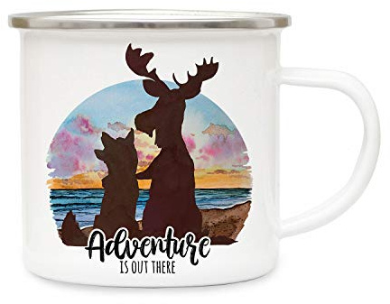 ilka parey wandtattoo-welt Emaille Becher Camping Tasse Wolf und Elch Pärchen Spruch Adventure is out there Kaffeetasse Geschenk Spruchbecher eb410