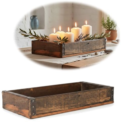 LS-LebenStil Vintage Deko Holztablett | Unika Roadwood | 43x26x6cm | Braun | Recycelt Holz Aufbewahrungsbox Ziegelform Braun | Serviertablett Küchentablett Pflanzkübel Besteckkasten Kerzentablett