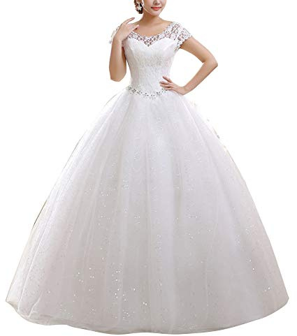 GELing Damen Hochzeitskleid Brautkleid Runde Ausschnitt Kurzarm Lange Spitzen Abendkleider Weiß EU 32