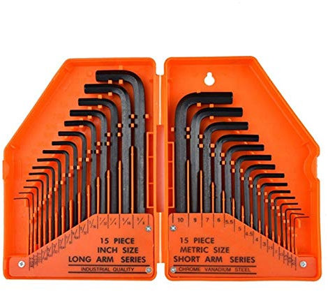 Juego de llaves allen, 30pcs Llave hexagonal Llave Allen de 0,028 - 3/8 pulgadas, 0,7 mm-10 mm Tamaño métrica de acero de cromo-vanadio llave inglesa brazo largo del sistema de herramienta