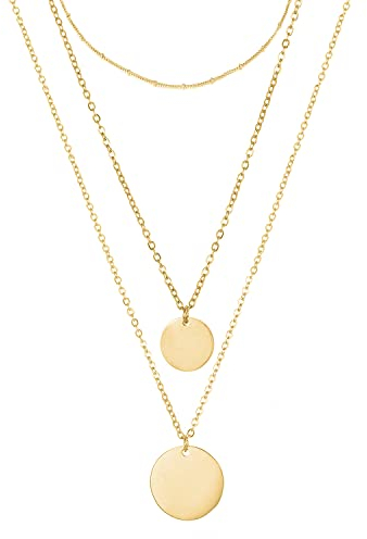 BONNYBIRD® Ketten Set Layering Kette Gold Damen Edelstahl mit Plättchen Anhänger Mehrreihig Multi Layer Halsketten Goldkette Frauen Lang Dreifach Boho Doppelkette Coin Wasserfest Schmuck Vergoldet