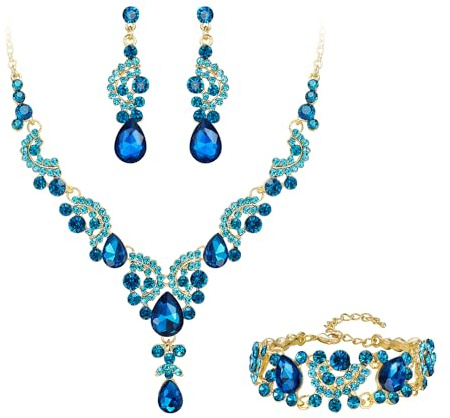 Ever Faith Wedding Vintage Floral Jewellery Set, Sky Blue Gold-Tone