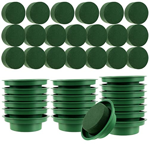 PINGEUI 20 Pack 3 Inch Green Wet Cylinder With Trays, Round Floral Foam Bowls, Floral Foam Plastic Base for Floral Crafts, Wedding Decoration, Table Ornament, DIY Flower Arrangement Kit
