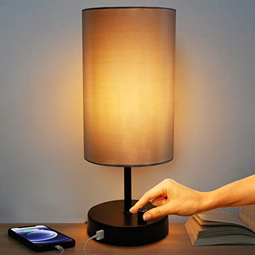 Allesgute Nachttischlampe 8W Dimmbar Tischlampe Schwarz mit USB A+C Ladeanschluss, E27 Tischlampen mit Lampenschirm Rund Stufenlos Knopfsteuerung für 0-800 LM