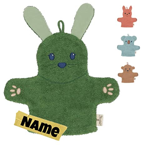 Sterntaler Waschlappen Kinder personalisiert | Waschhandschuh | Waschlappen Frottee mit Namen bestickt | 100% BIO Baumwolle | Baby Geschenke (Kinni Hase laub)