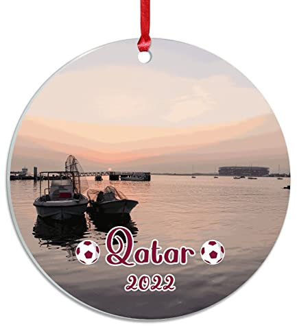 Nahen Osten Landschaft 2022 Acryl Weihnachten Ornament Weltmeisterschaft 2022 Weihnachtsbaum Ornament Stadtreise 7,6 cm mit roter Schnur hängende Ornamente für Weihnachtsbaum Dekoration Xmas Party