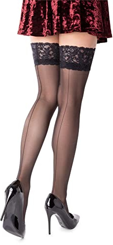 NOQ - Calze autoreggenti da donna con cucitura posteriore, sexy, altezza coscia, 15 DEN, in stile serale, con fasce in pizzo, intimo da donna Penelope, schwarz, S