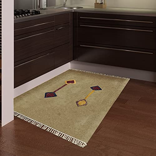 CASAVANI Handblock-bedruckter Teppich, Tribal-Stil, braun und mehrfarbig, Quastenteppich, Boho-Teppich, pflegeleicht, waschbar, Teppiche für Fußmatte, Eingang, Wohnzimmer, Schlafzimmer, Flur, Balkon,