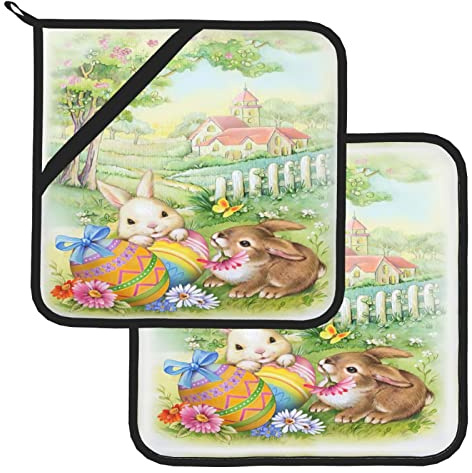 Coniglietti pasquali Uova Set di presine morbide Set da 2 pezzi Lavabile Decorativo Cucina Regalo per cucinare Cottura al forno BBQ