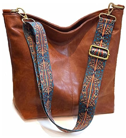HAIWILL Umhängetasche Damen Große Crossbody Bag Damen mit Breiter Gurt Weiche Leder Hobo Bag Shopper Tasche Retro Schultertasche Handtasche für Alltag, Büro, Schulausflug und Einkauf (Braun)