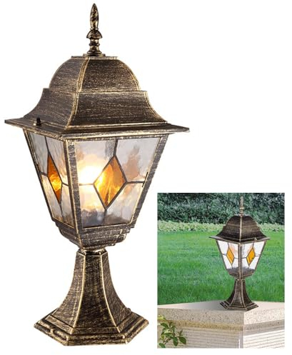 Chao Zan Wegeleuchte Glas Aluminium in Kupfer Antik IP55 Weg Garten 42 cm hoch E27 Tiffany Stil Rustikal Laterne Sockelleuchte Außen,ohne Leuchtmittel (Klein)