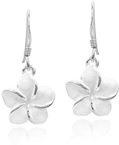 AeraVida Tropical Satin Shine Hawaiian Plumeria Flower .925 Sterling Silver Dangle Earrings | Floral Earrings for Women | Dangle Silver Earrings for Beach Wear Accessories