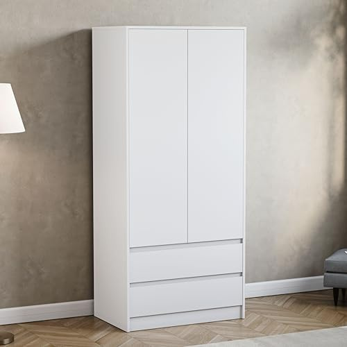 Vida Designs Denver 2 Door & 2 Drawer Wardrobe | White | Bedroom Furniture | 174H x 76W x 53D cm | with Spacious Drawers & Hanging Rail | Large Capacity Storage