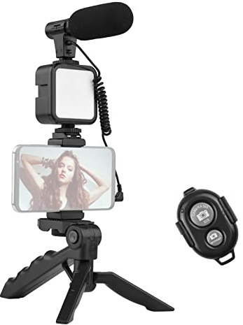 HUIOP Kit Video per Smartphone Phone Vlog Video Kit con Supporto per Telefono treppiede da Tavolo con Microfono a Slitta LED Luce Video otturatore remoto