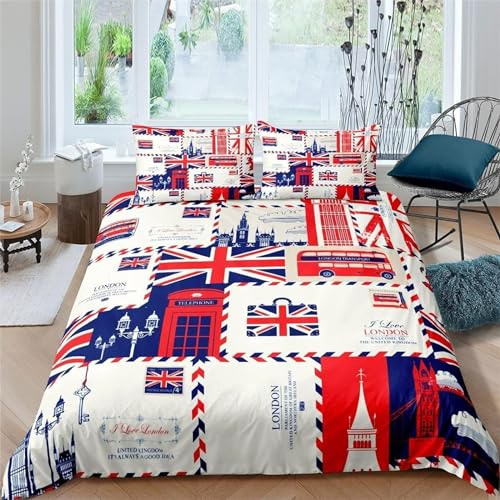 Bettwäsche 140x200 London Bettwäsche Set + 2 Kissenbezug 80 x 80 cm Kissenbezug Reißverschluss,Weich Betten Set Für Jugendliche Kinder Schlafzimmer Dekor