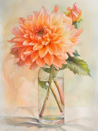 MAFANG 5D Diamond Painting Bilder Dahlien In Vase，Rund，Voller Bohrer，Strass，Kreuzstich，Stickerei，Kunst，Basteln Für Anfänger，Geschenke，Heimdekoration 50x70cm