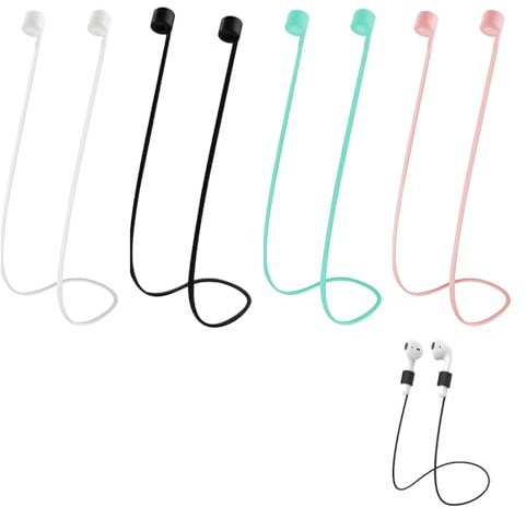 4 Pièces Cordon pour AirPods 1/2/3 et Pro - Sangles de Maintien en Silicone, 70CM, Compatible avec Pro (Noir Blanc Vert Rose)