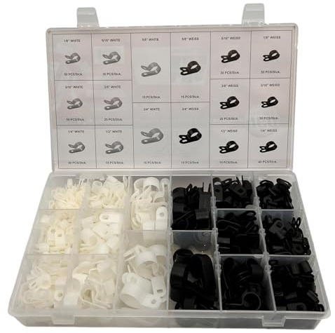 Alkan R-Typ Kabelklemmen Set 460-tlg Nylon weiß schwarz | R-Typ Kabelschellen aus Nylon in Weiß und Schwarz, 8 Größen von 0,3-1,9 cm, für saubere Kabelführung