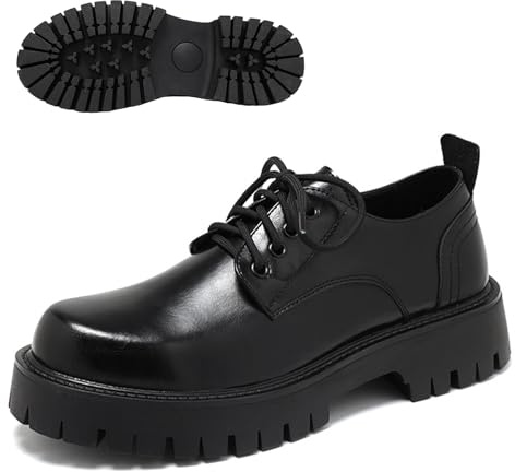 Men's Leather Platform Block Heel Oxfords Classic Round Toe Lace Up Lug Sole Soft Bottom Business Work Dress Shoes Non-Slip Heightening Derby Shoes (Black,10)