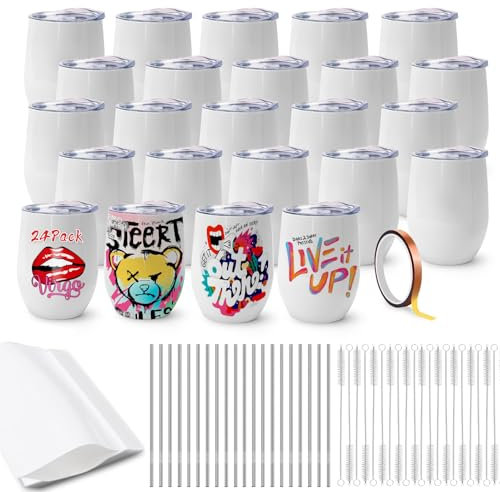WULAIHO Lot de 24 gobelets vierges de sport en acier inoxydable avec poignée portable et paille pour presse à gobelet, 591 ml, impression par sublimation